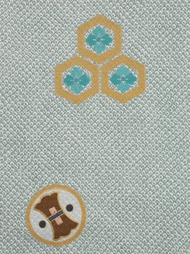 かんたん(5歳袴)N077 ペールグリーン疋田柄刺繍鷹兜×シルバーグリーンぼかし