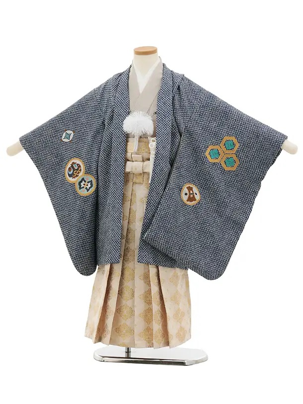 かんたん七五三(5歳男袴)N078 紫紺 疋田柄刺繍鷹 兜×ベージュゴールド