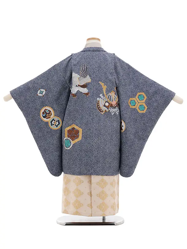 かんたん七五三(5歳男袴)N078 紫紺 疋田柄刺繍鷹 兜×ベージュゴールド