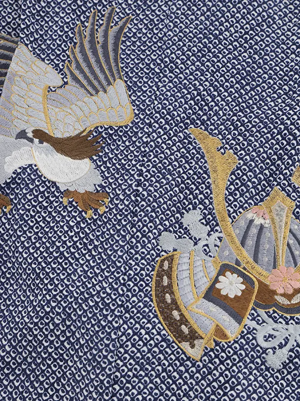 かんたん七五三(5歳男袴)N078 紫紺 疋田柄刺繍鷹 兜×ベージュゴールド