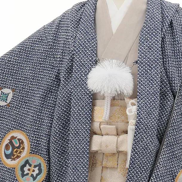 かんたん七五三(5歳男袴)N078 紫紺 疋田柄刺繍鷹 兜×ベージュゴールド