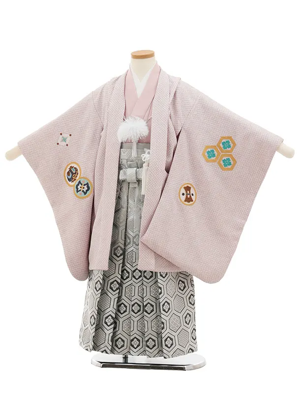 かんたん(5歳袴)N079 ピンクベージュ疋田柄刺繍鷹 兜×シルバーグレー亀甲