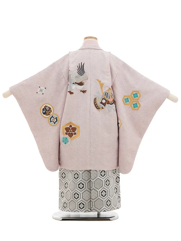 かんたん(5歳袴)N079 ピンクベージュ疋田柄刺繍鷹 兜×シルバーグレー亀甲