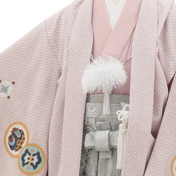 かんたん(5歳袴)N079 ピンクベージュ疋田柄刺繍鷹 兜×シルバーグレー亀甲