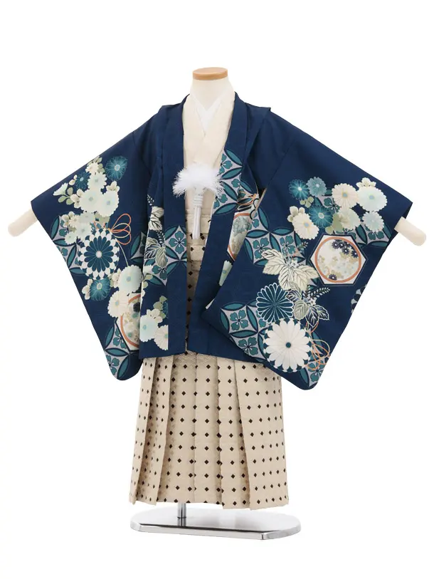 かんたん七五三(5歳男袴)N082 ネイビー 七宝に桐菊×クリームベージュ