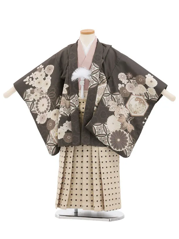 かんたん七五三(5歳男袴)N083 チャコール 七宝に桐菊×クリームベージュ