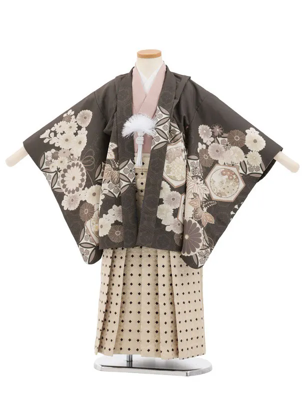 かんたん七五三(5歳男袴)N083 チャコール 七宝に桐菊×クリームベージュ