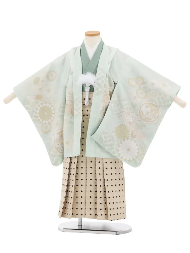 かんたん七五三(5歳男袴)N084 うすミント 七宝に桐菊×クリームベージュ