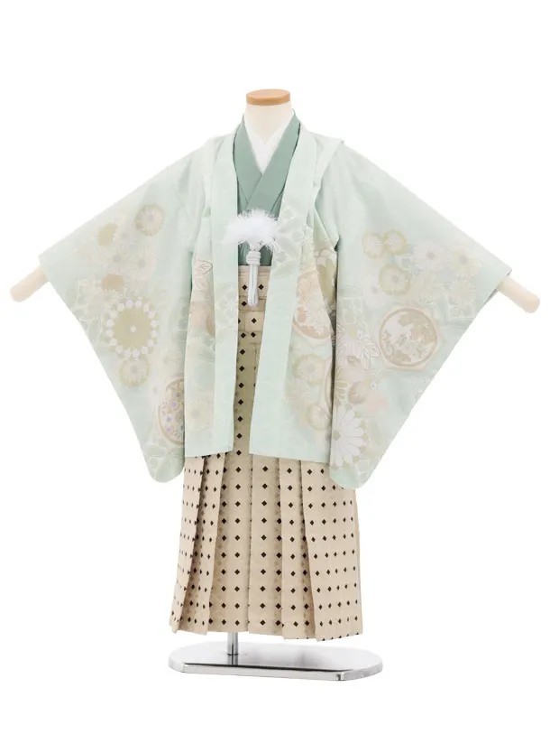 かんたん七五三(5歳男袴)N084 うすミント 七宝に桐菊×クリームベージュ