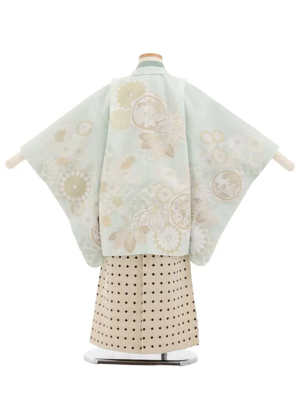 かんたん七五三(5歳男袴)N084 うすミント 七宝に桐菊×クリームベージュ