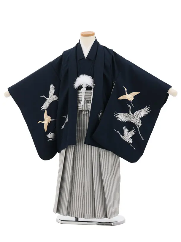 七五三レンタル(5歳男袴)N093 紺 金彩刺繍鶴×シルバー縞