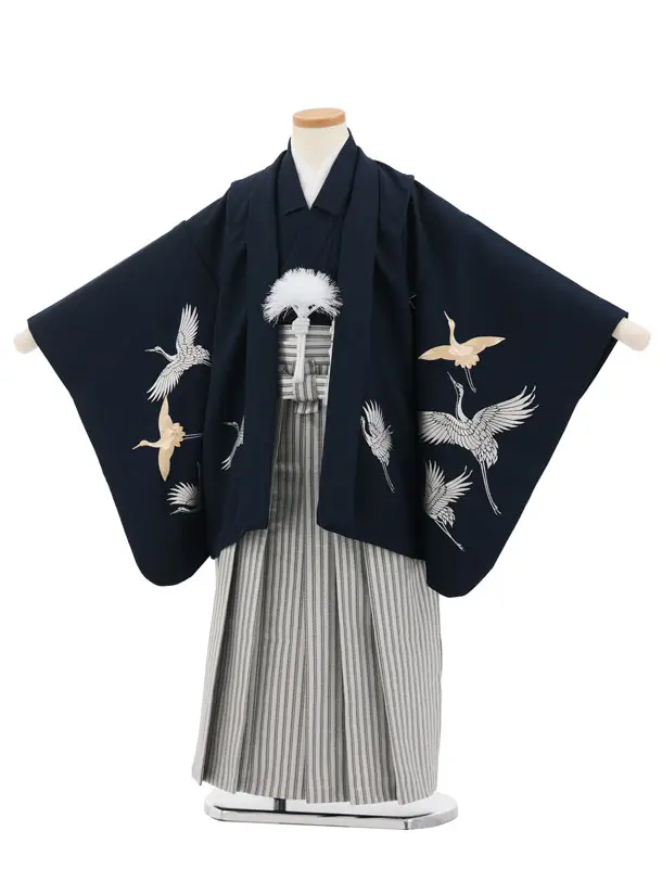 七五三レンタル(5歳男袴)N093 紺 金彩刺繍鶴×シルバー縞