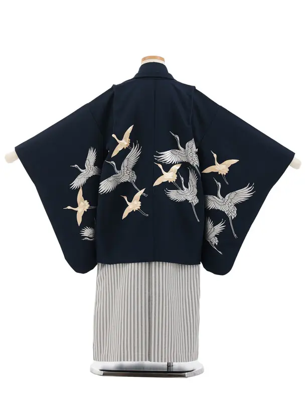 七五三レンタル(5歳男袴)N093 紺 金彩刺繍鶴×シルバー縞