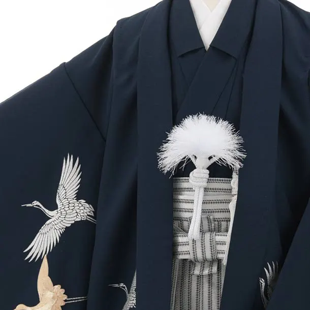 七五三レンタル(5歳男袴)N093 紺 金彩刺繍鶴×シルバー縞