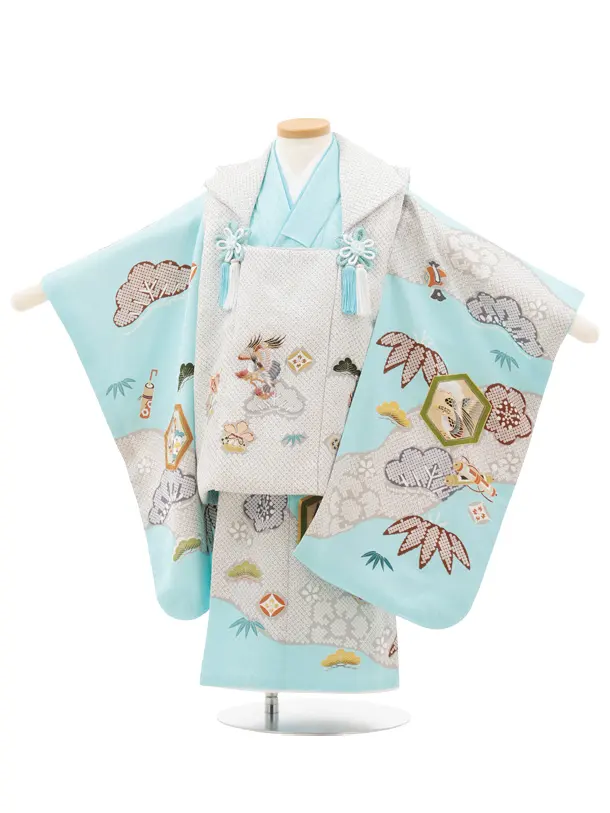 七五三(3歳男児)O218【ようよう】薄グレー疋田柄 刺繍鷹×水色 吉祥文様