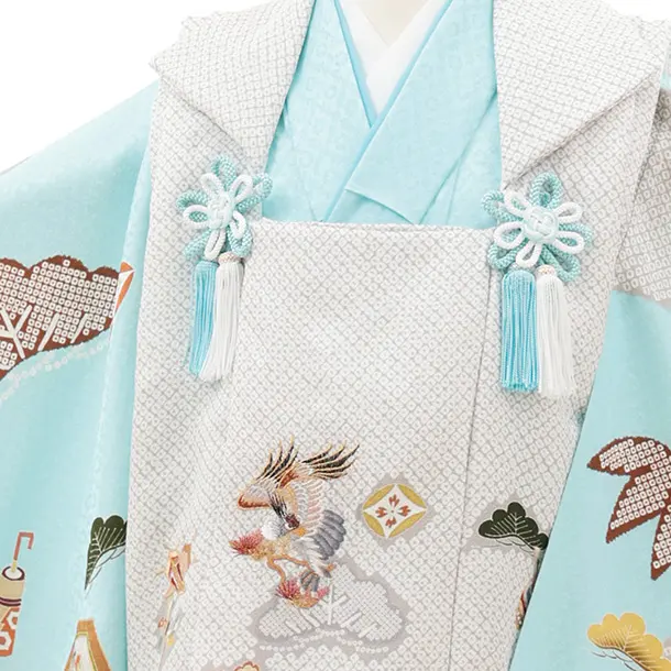 七五三(3歳)O218【正絹】【ようよう】薄グレー疋田柄 刺繍鷹×水色 吉祥文様