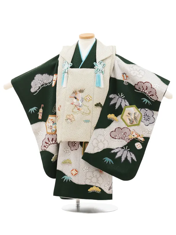 七五三(3歳男児)O219【ようよう】ひわ疋田柄 刺繍鷹×グリーン 吉祥文様