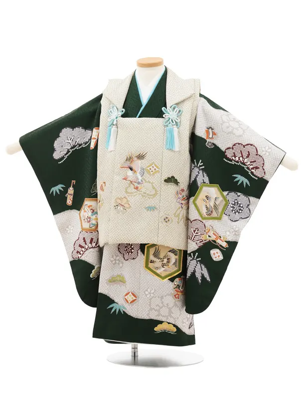 七五三(3歳)O219【正絹】【ようよう】ひわ疋田柄 刺繍鷹×グリーン 吉祥文様
