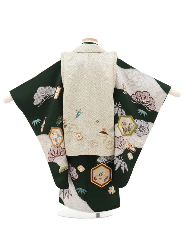 七五三(3歳)O219【正絹】【ようよう】ひわ疋田柄 刺繍鷹×グリーン 吉祥文様