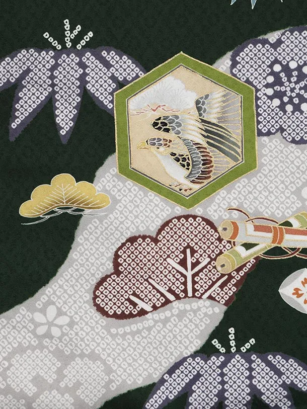 七五三(3歳)O219【正絹】【ようよう】ひわ疋田柄 刺繍鷹×グリーン 吉祥文様