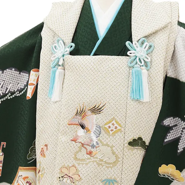 七五三(3歳)O219【正絹】【ようよう】ひわ疋田柄 刺繍鷹×グリーン 吉祥文様