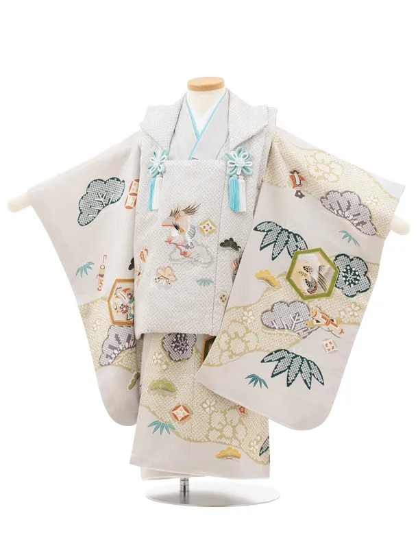 七五三(3歳男児)O220【ようよう】薄グレー疋田柄 刺繍鷹×薄グレー 吉祥文様