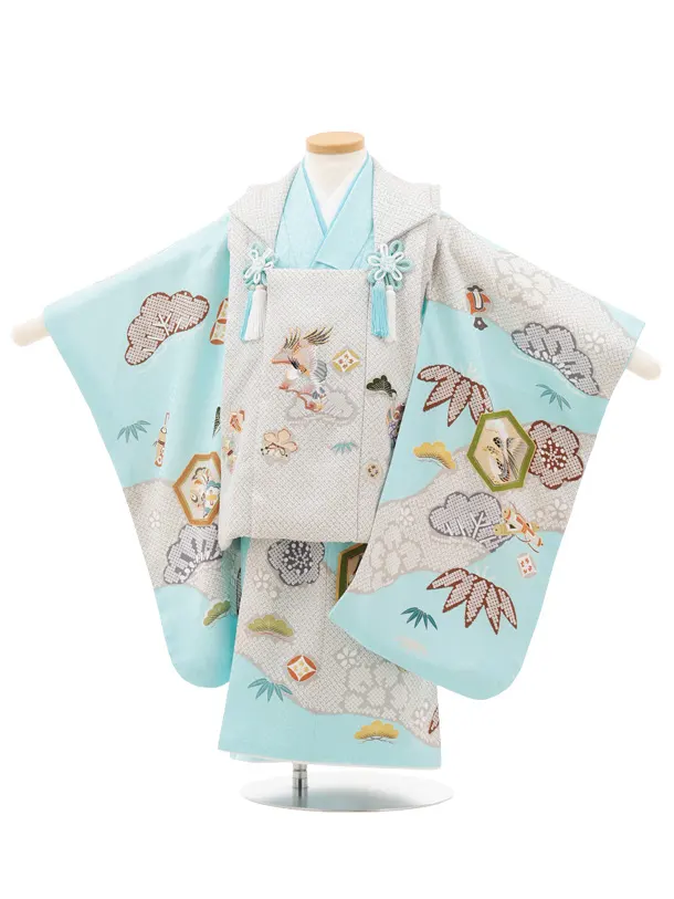 七五三(3歳男児)O221【ようよう】薄グレー疋田柄 刺繍鷹×水色 吉祥文様