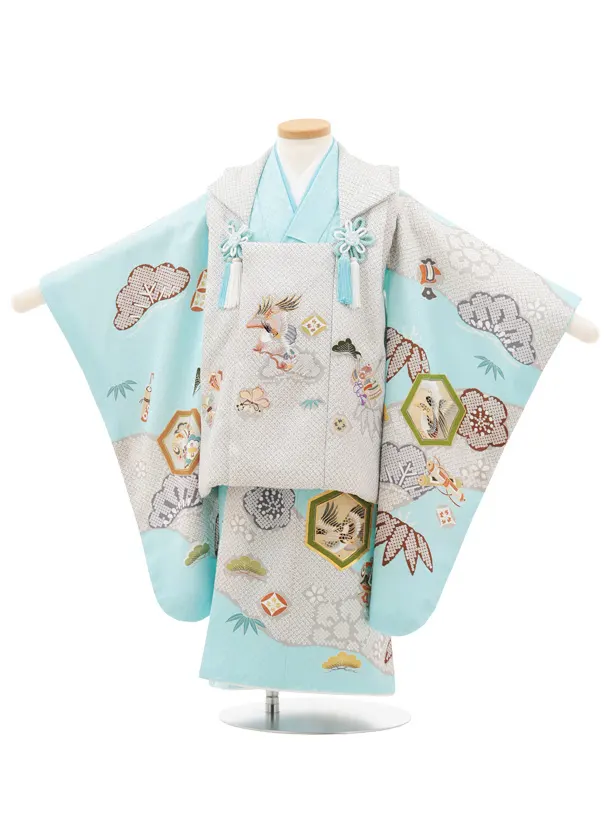 七五三(3歳)O221【正絹】【ようよう】薄グレー疋田柄 刺繍鷹×水色 吉祥文様