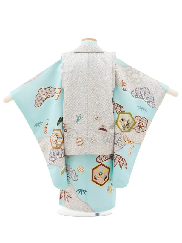 七五三(3歳)O221【正絹】【ようよう】薄グレー疋田柄 刺繍鷹×水色 吉祥文様