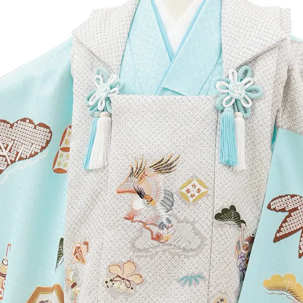 七五三(3歳)O221【正絹】【ようよう】薄グレー疋田柄 刺繍鷹×水色 吉祥文様