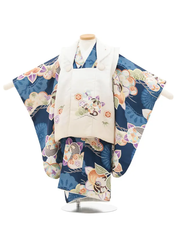 七五三レンタル(3歳男児被布)O222 オフ白ぼかし×紺 松橘