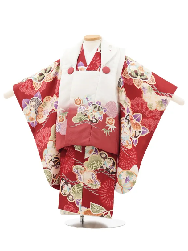 七五三レンタル(3歳男児被布)O227 オフ白赤ぼかし×赤 松橘