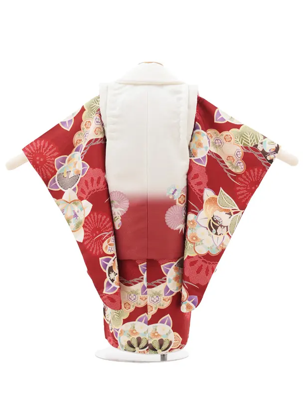七五三レンタル(3歳男児被布)O227 オフ白赤ぼかし×赤 松橘
