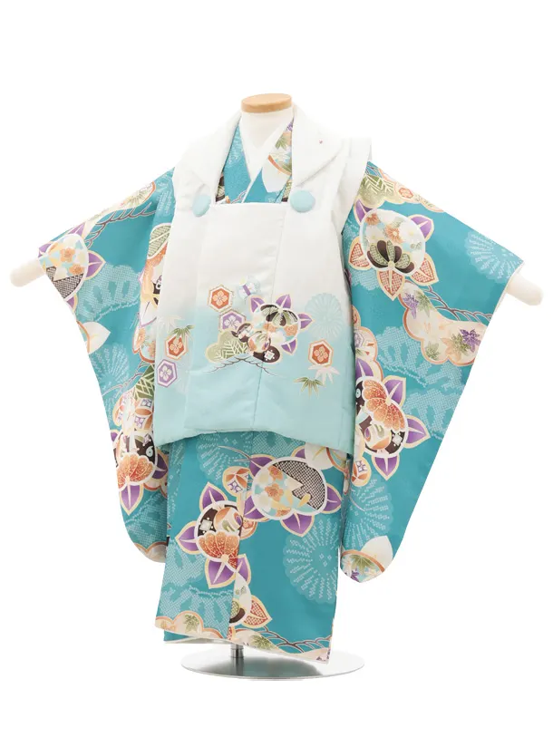 七五三レンタル(3歳男児被布)O229 オフ白 水色ぼかし×ブルーグリーン松橘