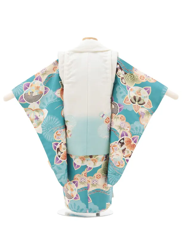 七五三レンタル(3歳男児被布)O229 オフ白 水色ぼかし×ブルーグリーン松橘