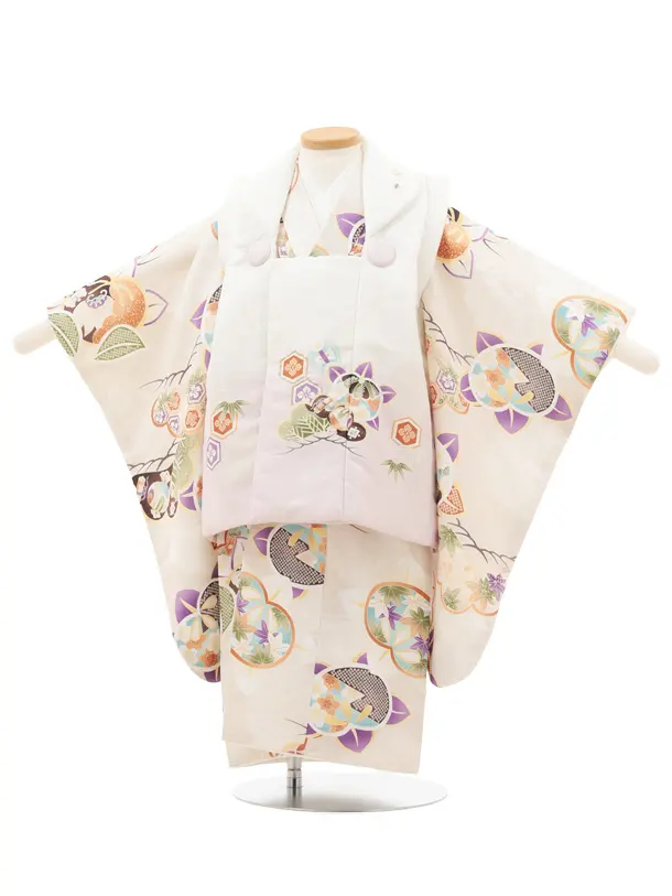 七五三レンタル(3歳男児被布)O232 オフ白 薄パープルぼかし×ベージュ松橘