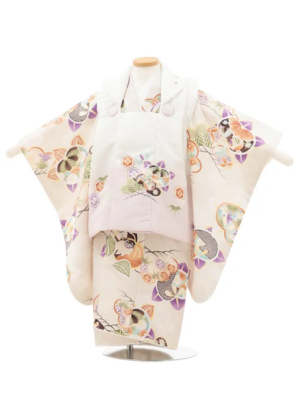 七五三レンタル(3歳男児被布)O233 オフ白 薄パープルぼかし×ベージュ松橘