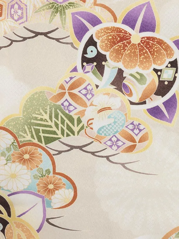 七五三レンタル(3歳男児被布)O233 オフ白 薄パープルぼかし×ベージュ松橘