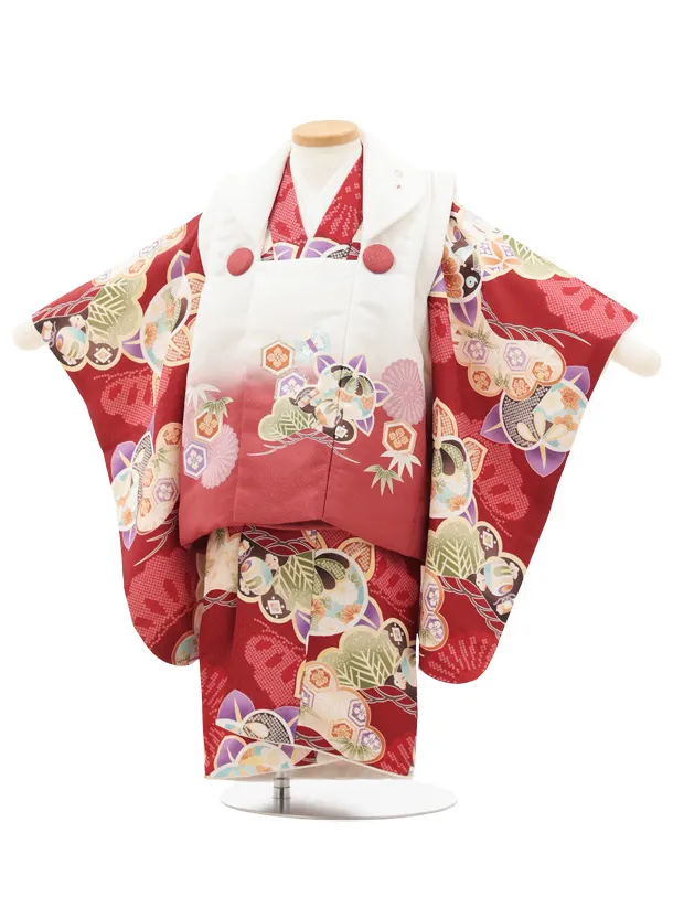 七五三レンタル(2歳男児被布)O239 オフ白赤ぼかし×赤 松橘