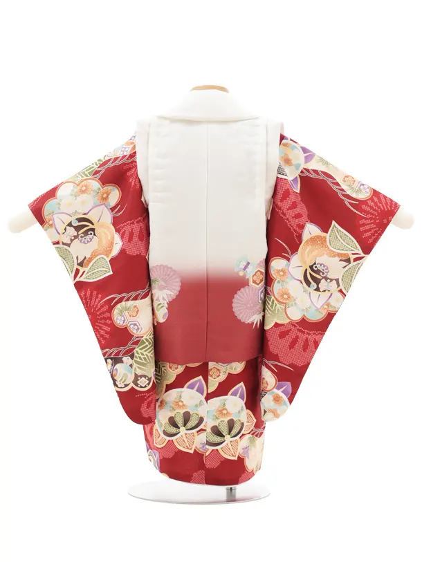 七五三レンタル(2歳男児被布)O239 オフ白赤ぼかし×赤 松橘