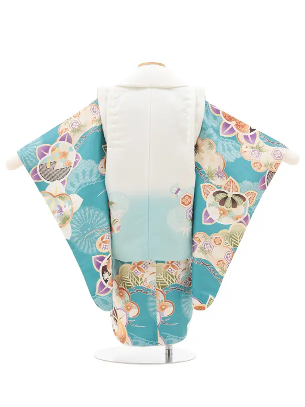 七五三レンタル(2歳男児被布)O244 オフ白 水色ぼかし×ブルーグリーン 松橘