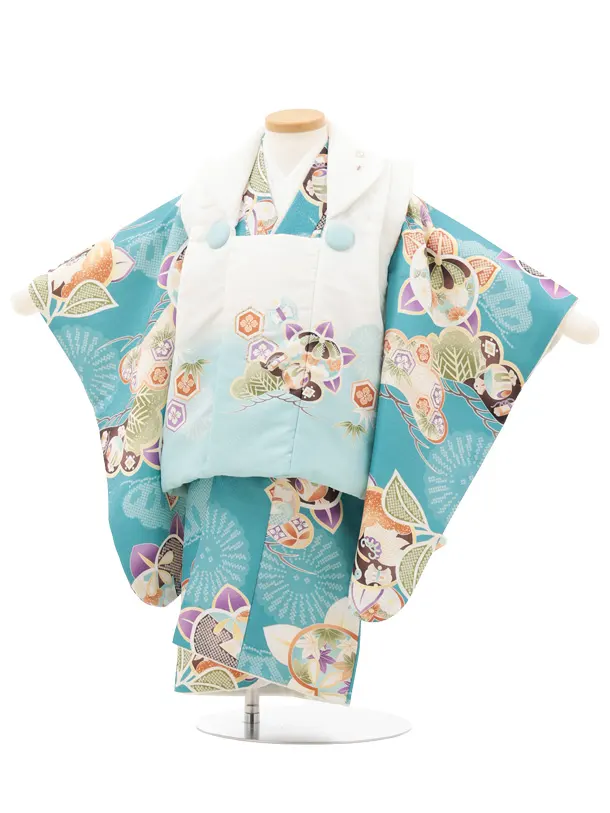 七五三レンタル(2歳男児被布)O246 オフ白 水色ぼかし×ブルーグリーン 松橘