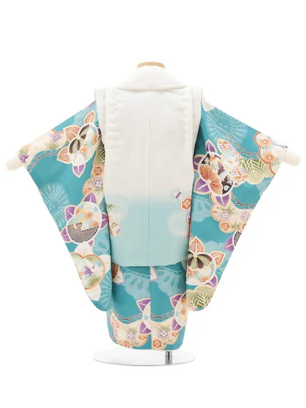 七五三レンタル(2歳男児被布)O247 オフ白 水色ぼかし×ブルーグリーン 松橘