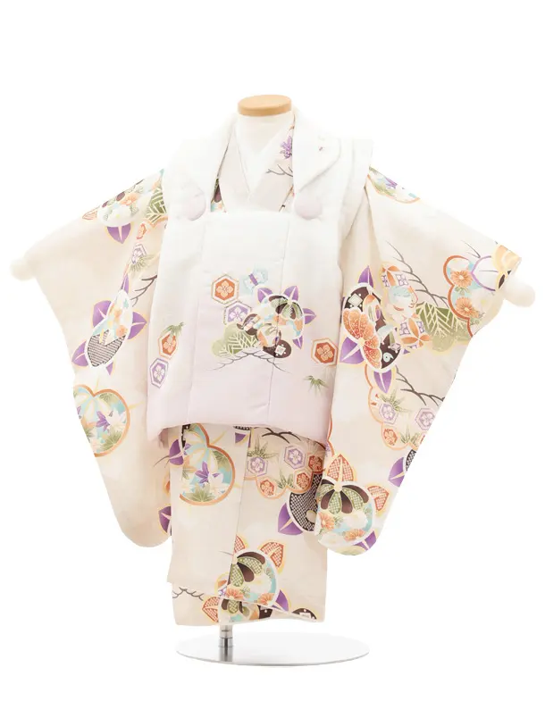 七五三レンタル(2歳男児被布)O251 オフ白 薄パープルぼかし×ベージュ松橘