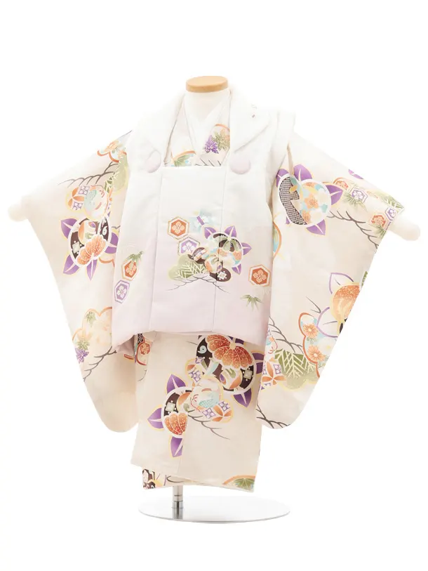 七五三レンタル(2歳男児被布)O252 オフ白 薄パープルぼかし×ベージュ松橘