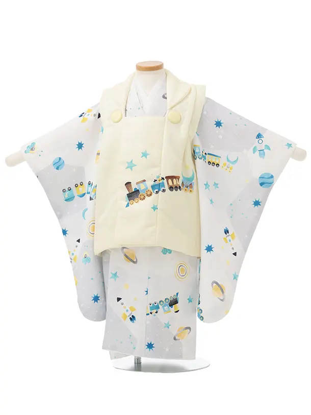七五三(3歳男児被布)O258 【pitapita】黄×グレー 宇宙 汽車ポッポ