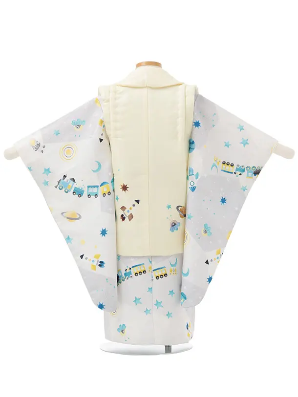 七五三(3歳男児被布)O258 【pitapita】黄×グレー 宇宙 汽車ポッポ