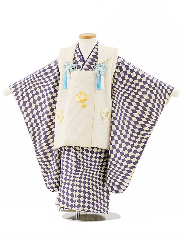 七五三(3歳被布)W398【正絹】クリーム絞り金コマ刺繍宝尽くし×紫変わり柄