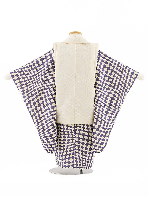 七五三(3歳被布)W398【正絹】クリーム絞り金コマ刺繍宝尽くし×紫変わり柄