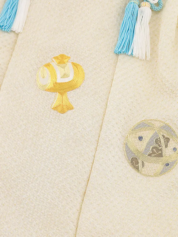 七五三(3歳被布)W398【正絹】クリーム絞り金コマ刺繍宝尽くし×紫変わり柄
